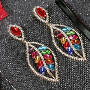 2.75" Rainbow CZ boho Leaf beaded bridal wedding jewelry earrings